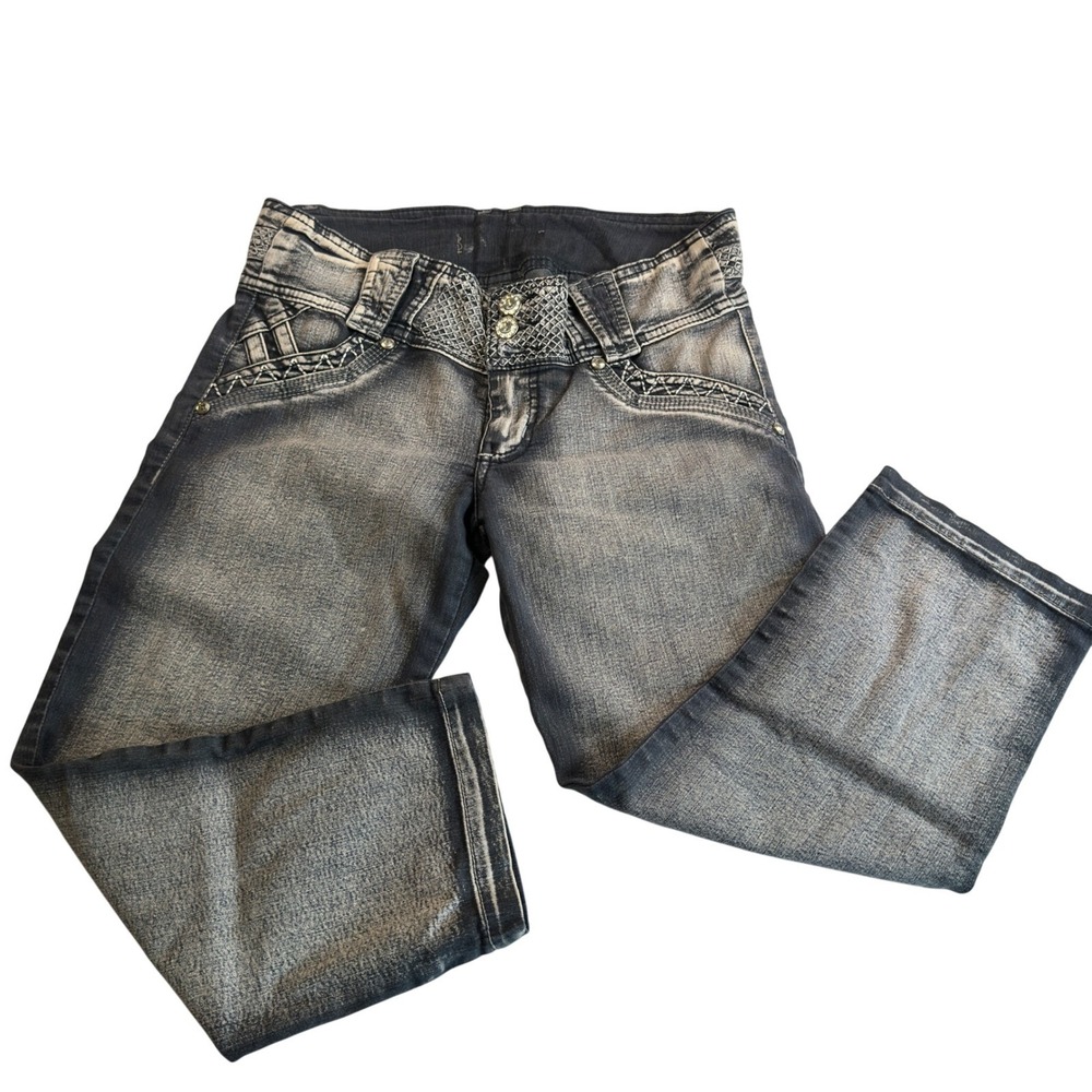 Y2K Capri Jeans Grey Acid Wash Colombian Denim Geometric Embroidered Rhinestone